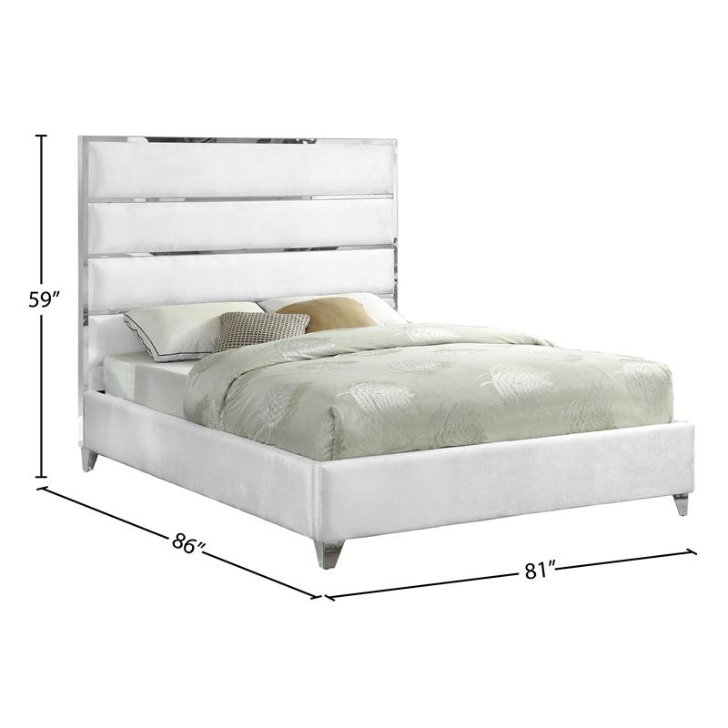 Bowery Hill Contemporary Solid Wood and Rich Velvet King Bed in White