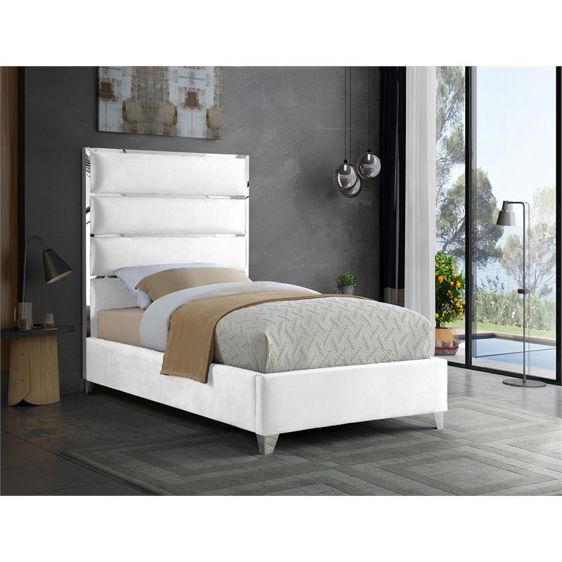 Bowery Hill Contemporary Solid Wood and Rich Velvet Twin Bed in White