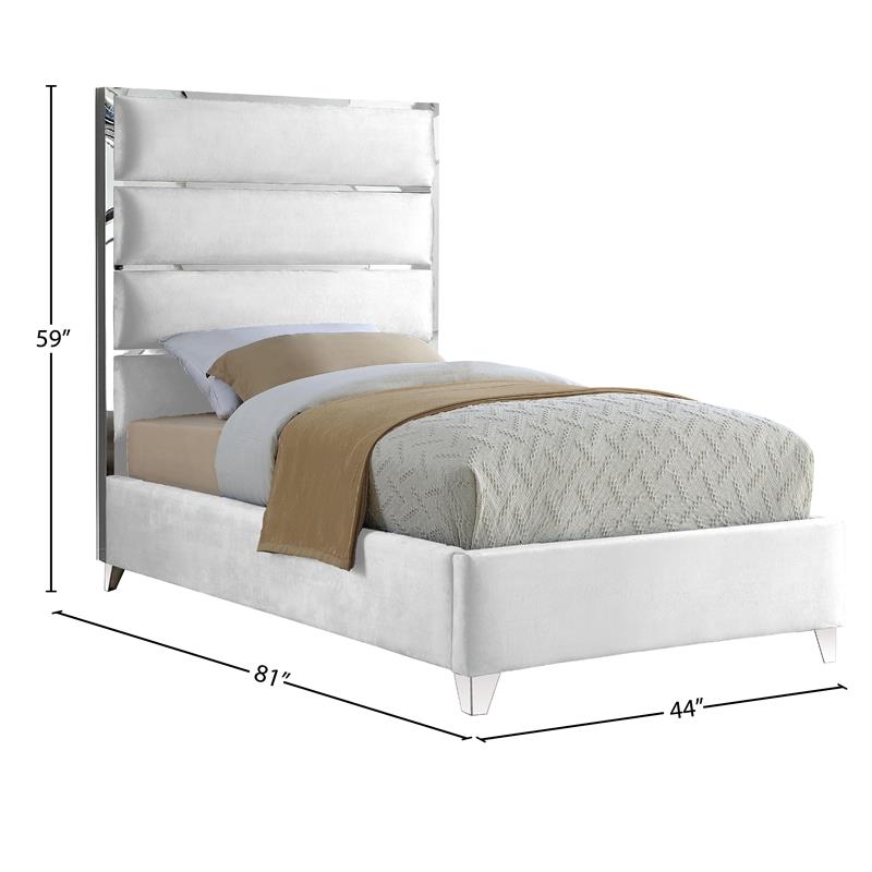 Bowery Hill Contemporary Solid Wood and Rich Velvet Twin Bed in White