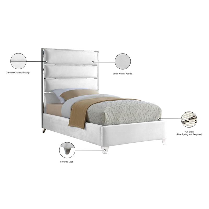 Bowery Hill Contemporary Solid Wood and Rich Velvet Twin Bed in White