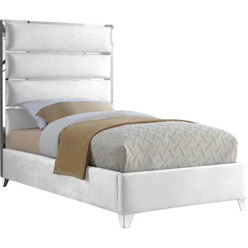 Bowery Hill Contemporary Solid Wood and Rich Velvet Twin Bed in White