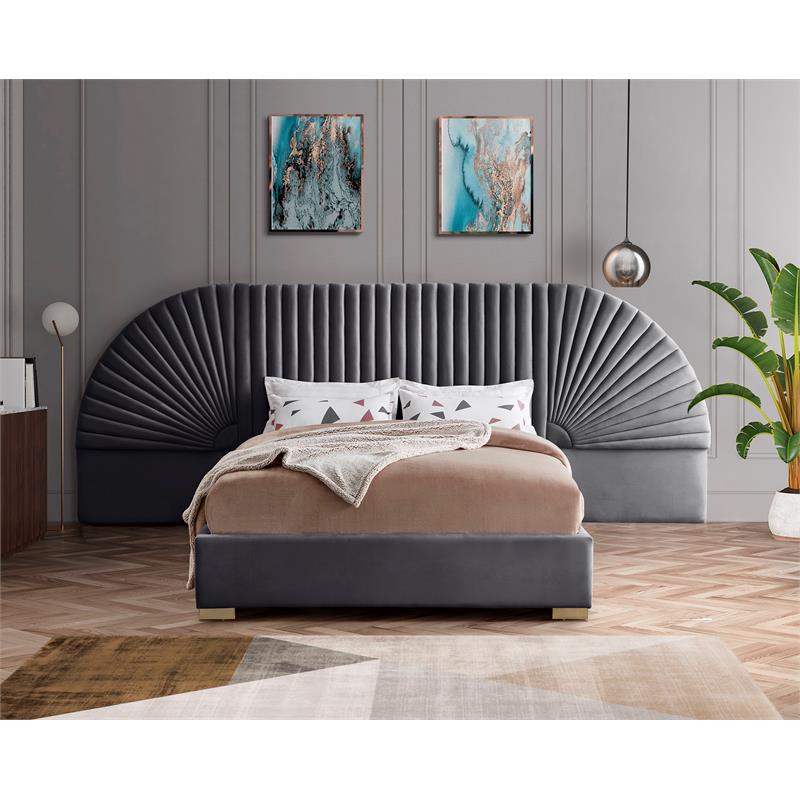 Bowery Hill Contemporary Soft Gray Durable Velvet King Bed with Gold Steel Legs