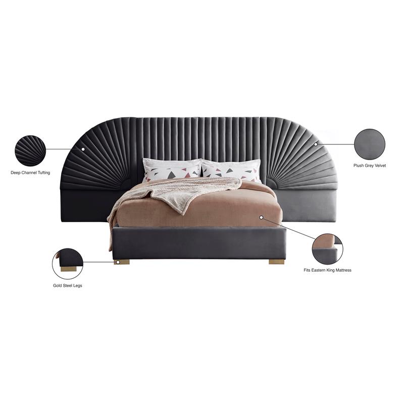 Bowery Hill Contemporary Soft Gray Durable Velvet King Bed with Gold Steel Legs
