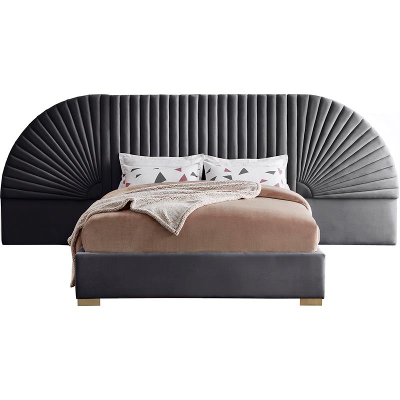 Bowery Hill Contemporary Soft Gray Durable Velvet King Bed with Gold Steel Legs