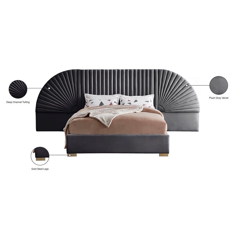 Bowery Hill Contemporary Soft Gray Durable Velvet Queen Bed with Gold Steel Legs