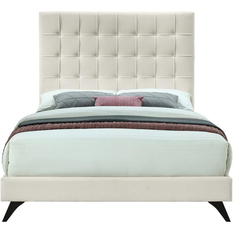 Bowery Hill Contemporary Deep Button Tufted Soft Cream Velvet Queen Bed
