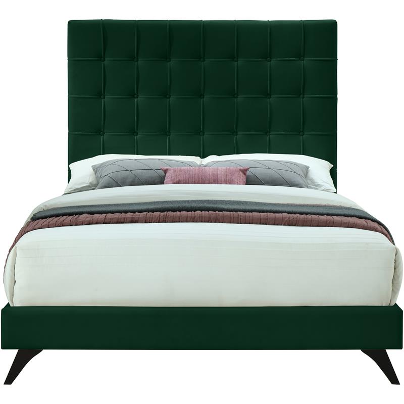 Bowery Hill Contemporary Deep Button Tufted Soft Green Velvet Queen Bed