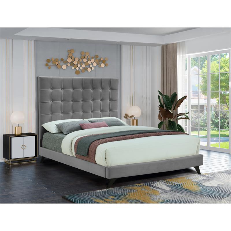 Bowery Hill Contemporary Deep Button Tufted Soft Gray Velvet Queen Bed