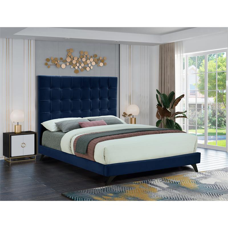 Bowery Hill Contemporary Deep Button Tufted Soft Navy Velvet King Bed