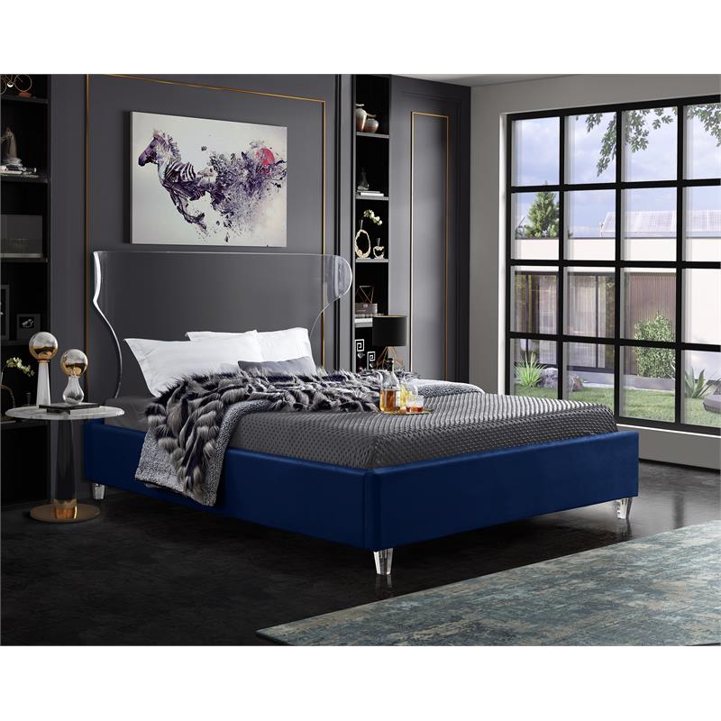 Bowery Hill Contemporary Soft Navy Velvet King Bed - Acrylic Headboard and Legs