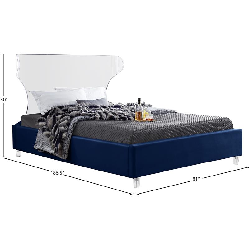 Bowery Hill Contemporary Soft Navy Velvet King Bed - Acrylic Headboard and Legs