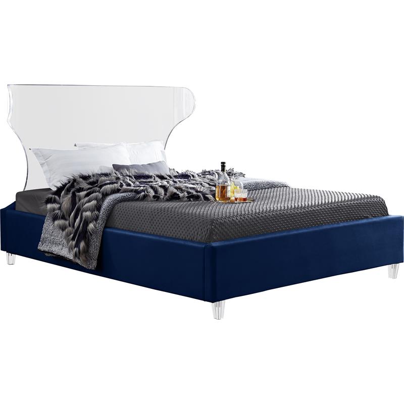 Bowery Hill Contemporary Soft Navy Velvet Queen Bed - Acrylic Headboard and Legs
