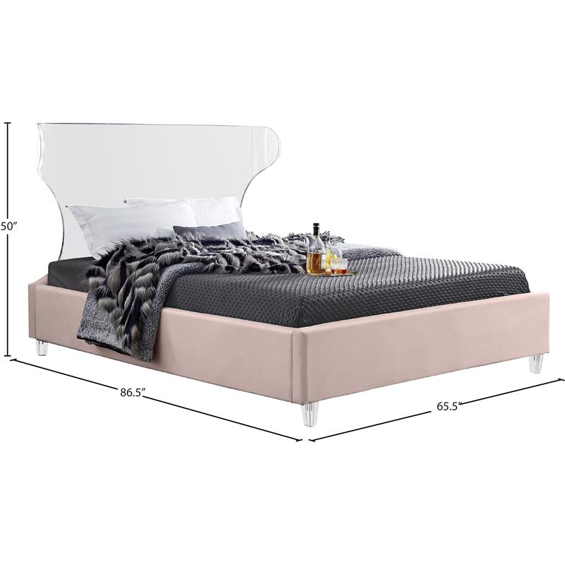 Bowery Hill Contemporary Soft Pink Velvet Queen Bed - Acrylic Headboard and Legs