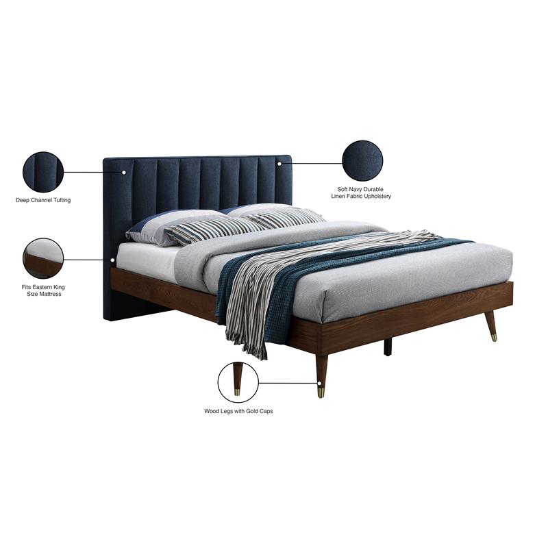 Bowery Hill Contemporary Upholstered Navy Durable Linen Fabric King Bed