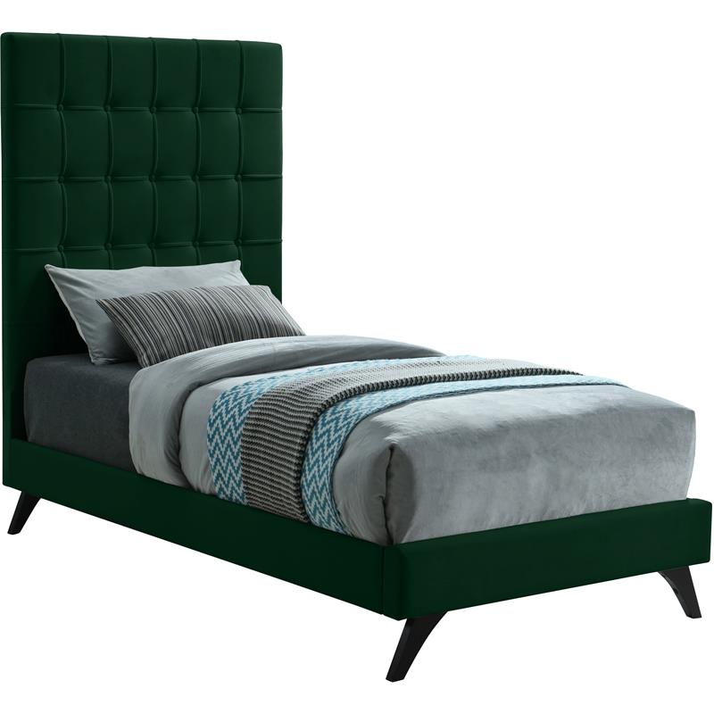 Bowery Hill Contemporary Deep Button Tufted Soft Green Velvet Twin Bed