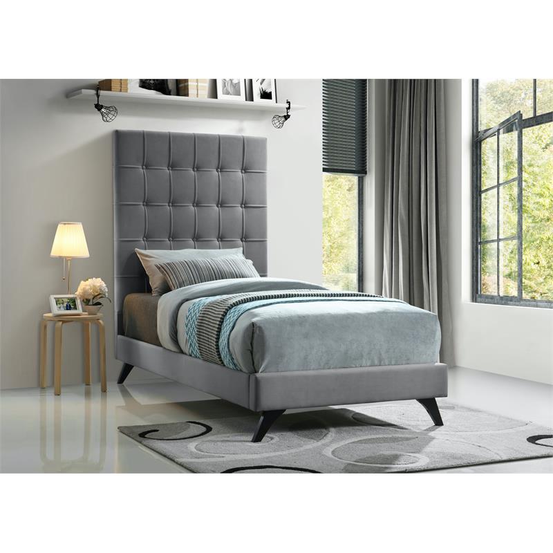 Bowery Hill Contemporary Deep Button Tufted Soft Gray Velvet Twin Bed