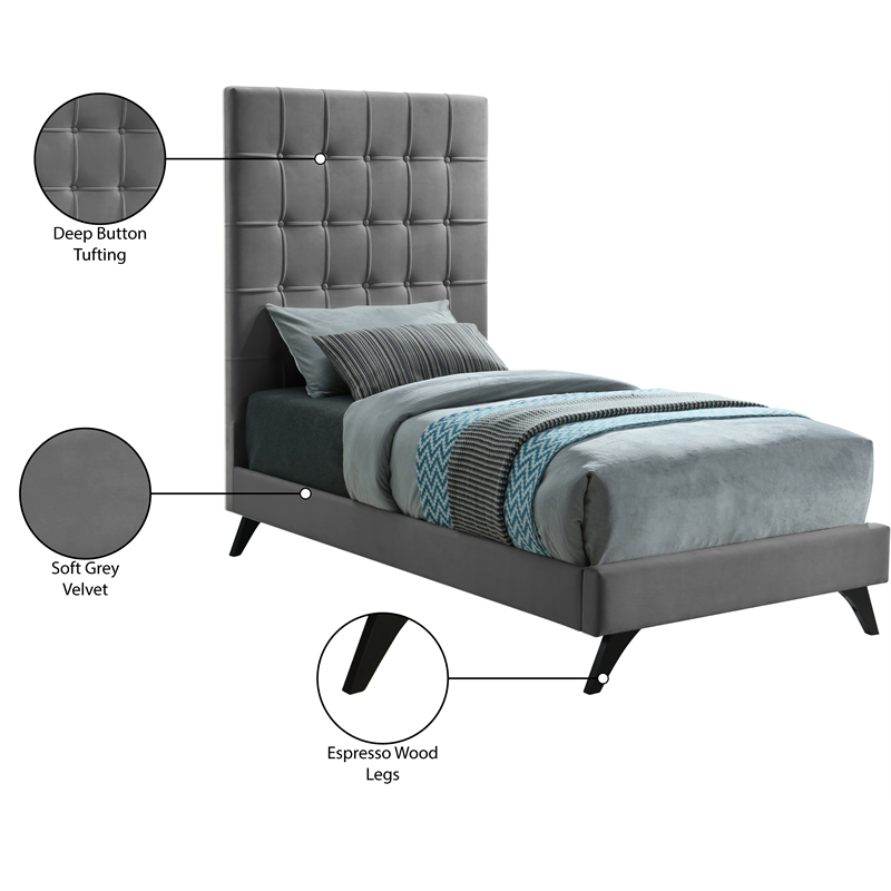Bowery Hill Contemporary Deep Button Tufted Soft Gray Velvet Twin Bed