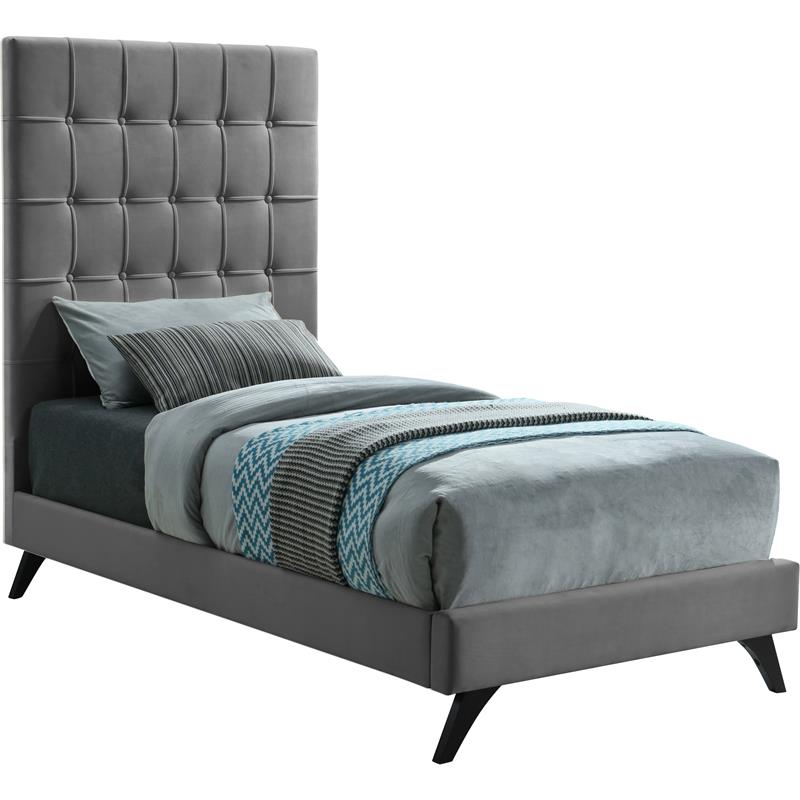 Bowery Hill Contemporary Deep Button Tufted Soft Gray Velvet Twin Bed