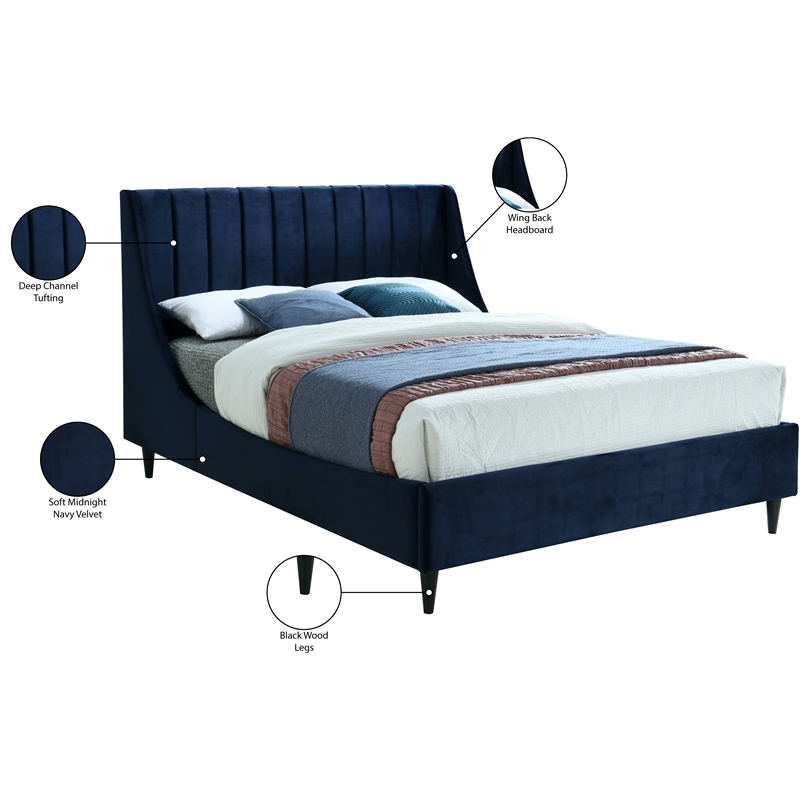 Bowery Hill Contemporary Soft Navy Velvet Upholstered Queen Bed