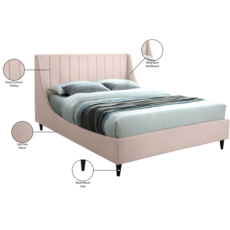 Bowery Hill Contemporary Soft Pink Velvet Upholstered King Bed