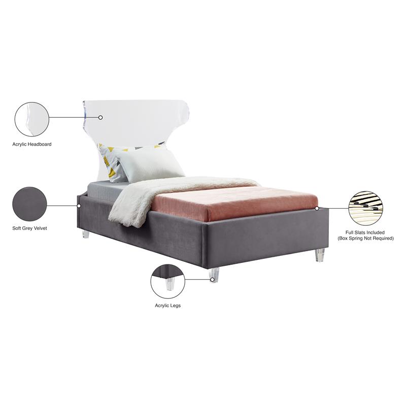 Bowery Hill Contemporary Gray Velvet Twin Bed with Acrylic Headboard and Legs
