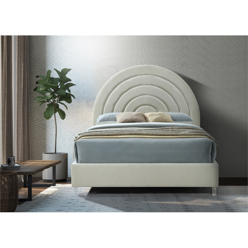 Bowery Hill Contemporary Cream Velvet King Bed in Acrylic Finish