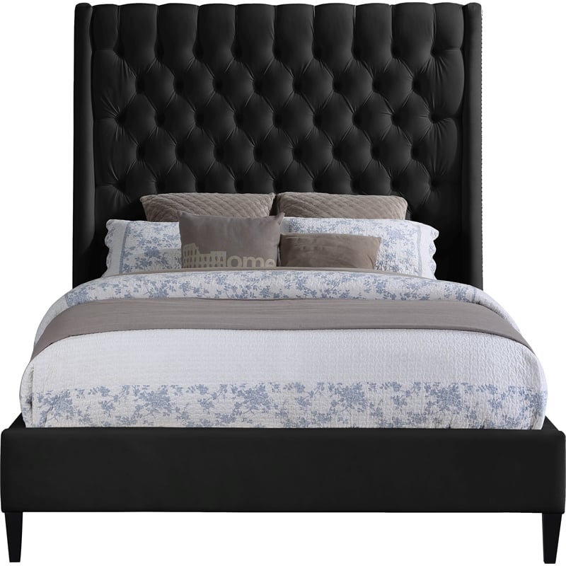 Bowery Hill Contemporary Soft Black Velvet Full Bed with Brass Nailheads