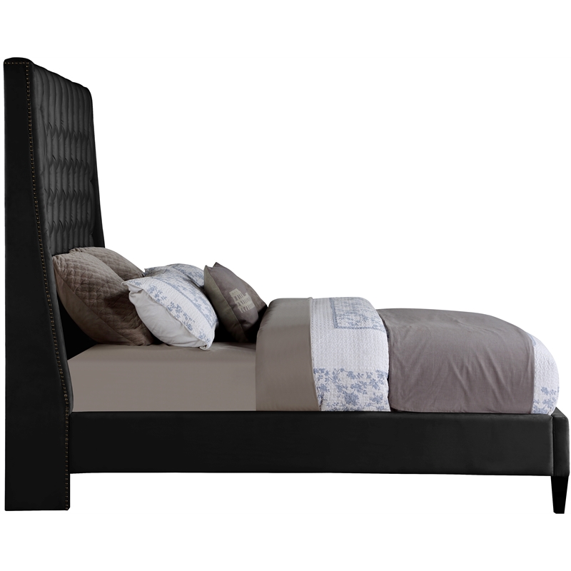 Bowery Hill Contemporary Soft Black Velvet Full Bed with Brass Nailheads