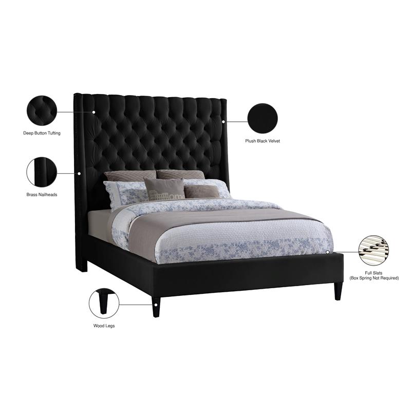Bowery Hill Contemporary Soft Black Velvet Full Bed with Brass Nailheads