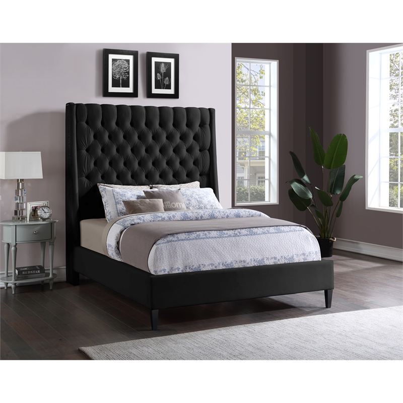 Bowery Hill Contemporary Soft Black Velvet Queen Bed with Brass Nailheads