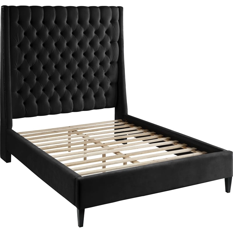 Bowery Hill Contemporary Soft Black Velvet Queen Bed with Brass Nailheads