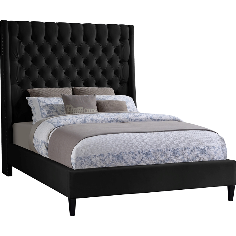Bowery Hill Contemporary Soft Black Velvet Queen Bed with Brass Nailheads