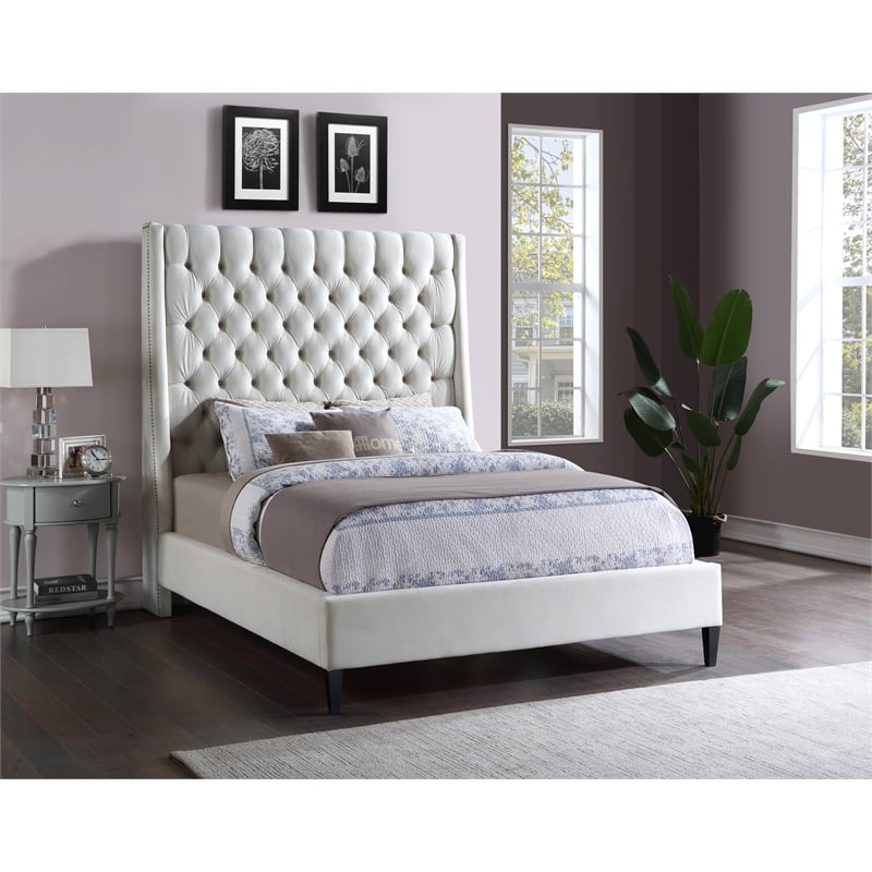 Bowery Hill Contemporary Soft Cream Velvet Full Bed with Brass Nailheads