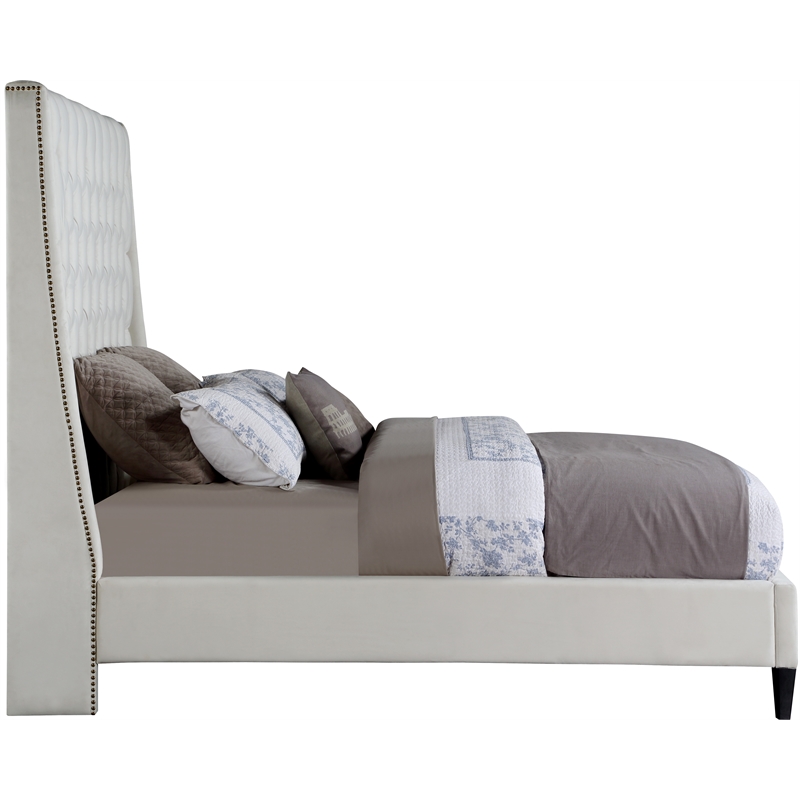 Bowery Hill Contemporary Soft Cream Velvet Full Bed with Brass Nailheads