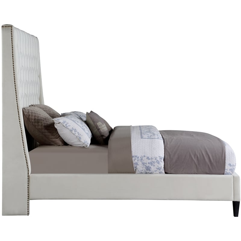 Bowery Hill Contemporary Soft Cream Velvet King Bed with Brass Nailheads