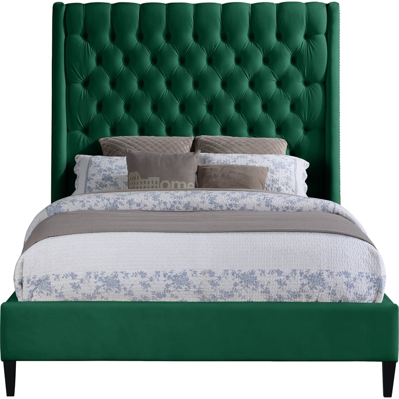 Bowery Hill Contemporary Soft Green Velvet Full Bed with Brass Nailheads