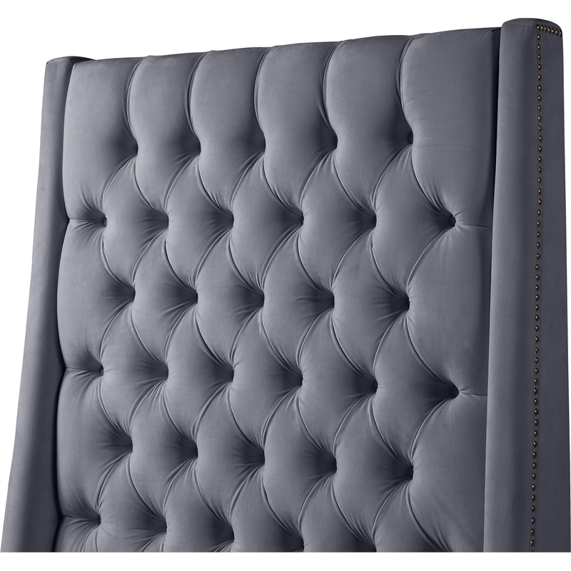 Bowery Hill Contemporary Soft Gray Velvet Full Bed with Brass Nailheads