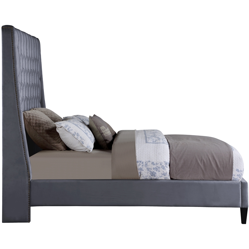 Bowery Hill Contemporary Soft Gray Velvet Queen Bed with Brass Nailheads