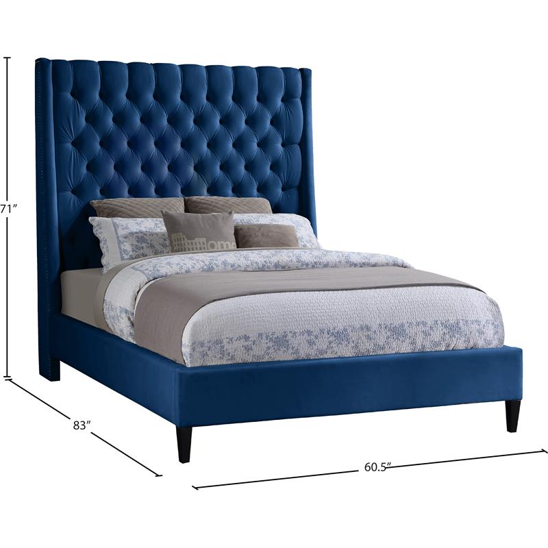 Bowery Hill Contemporary Soft Navy Velvet Full Bed with Brass Nailheads