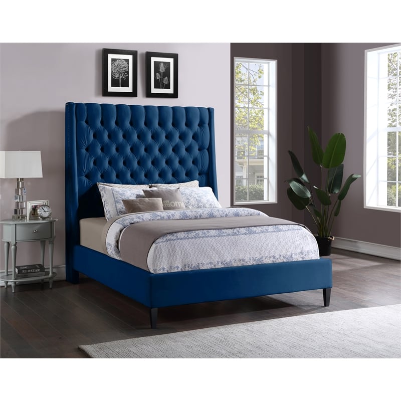 Bowery Hill Contemporary Soft Navy Velvet King Bed with Brass Nailheads