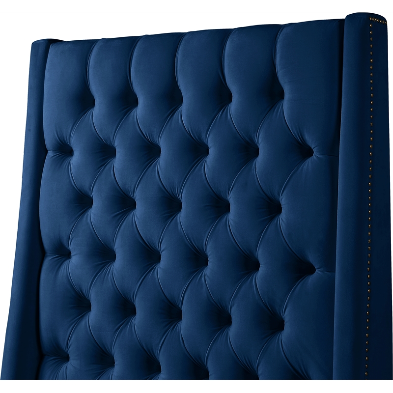 Bowery Hill Contemporary Soft Navy Velvet King Bed with Brass Nailheads