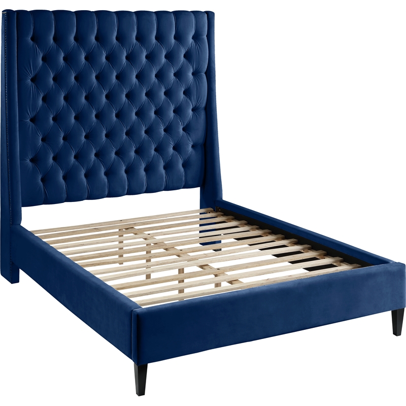 Bowery Hill Contemporary Soft Navy Velvet King Bed with Brass Nailheads