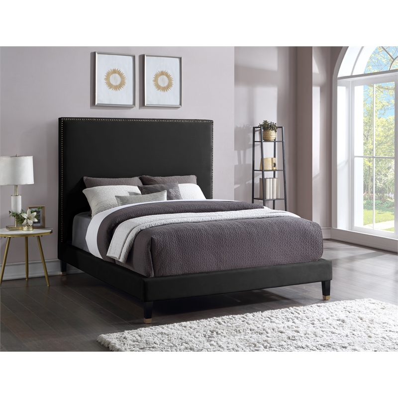 Bowery Hill Contemporary Soft Black Velvet Full Bed with Brass Nailheads