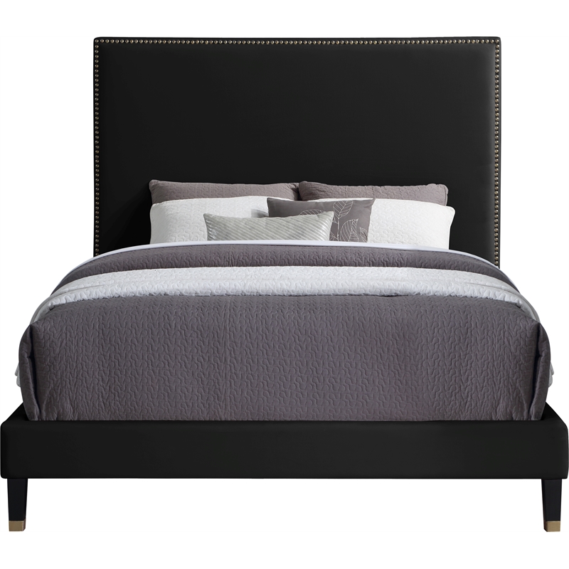 Bowery Hill Contemporary Soft Black Velvet Full Bed with Brass Nailheads