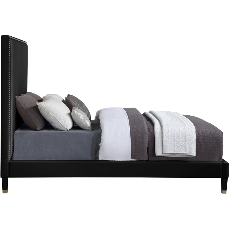 Bowery Hill Contemporary Soft Black Velvet Full Bed with Brass Nailheads