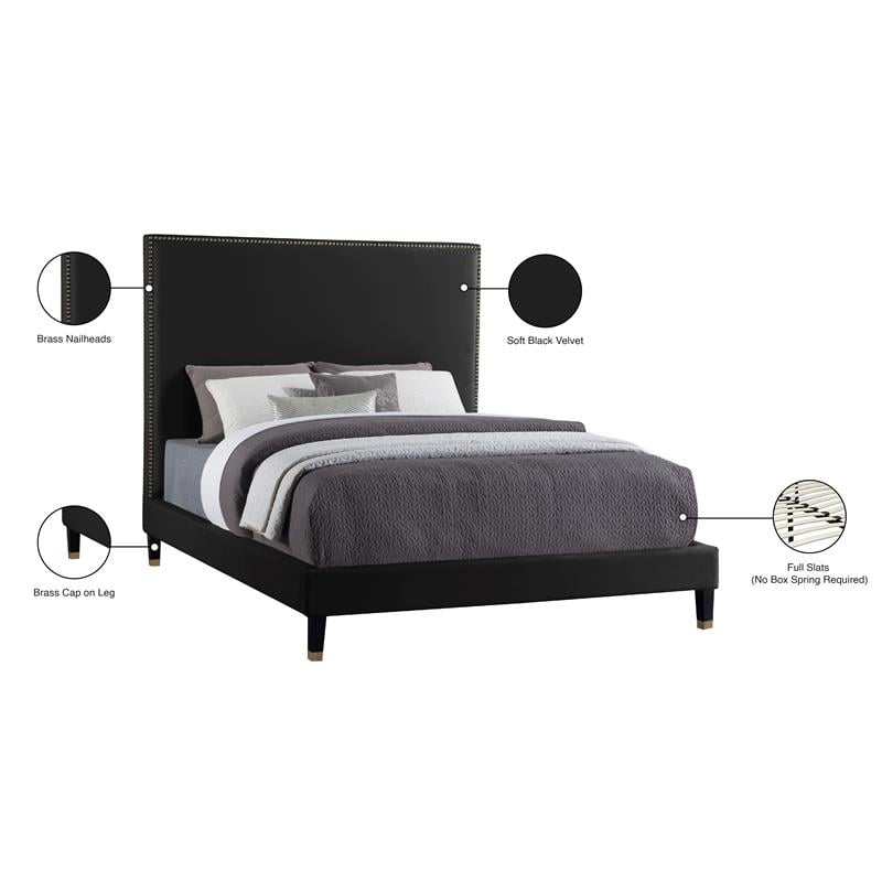 Bowery Hill Contemporary Soft Black Velvet Queen Bed with Brass Nailheads