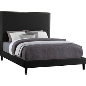 Bowery Hill Contemporary Soft Black Velvet Queen Bed with Brass Nailheads