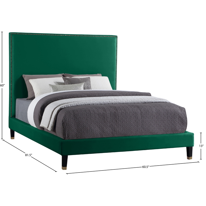 Bowery Hill Contemporary Soft Green Velvet Full Bed with Brass Nailheads