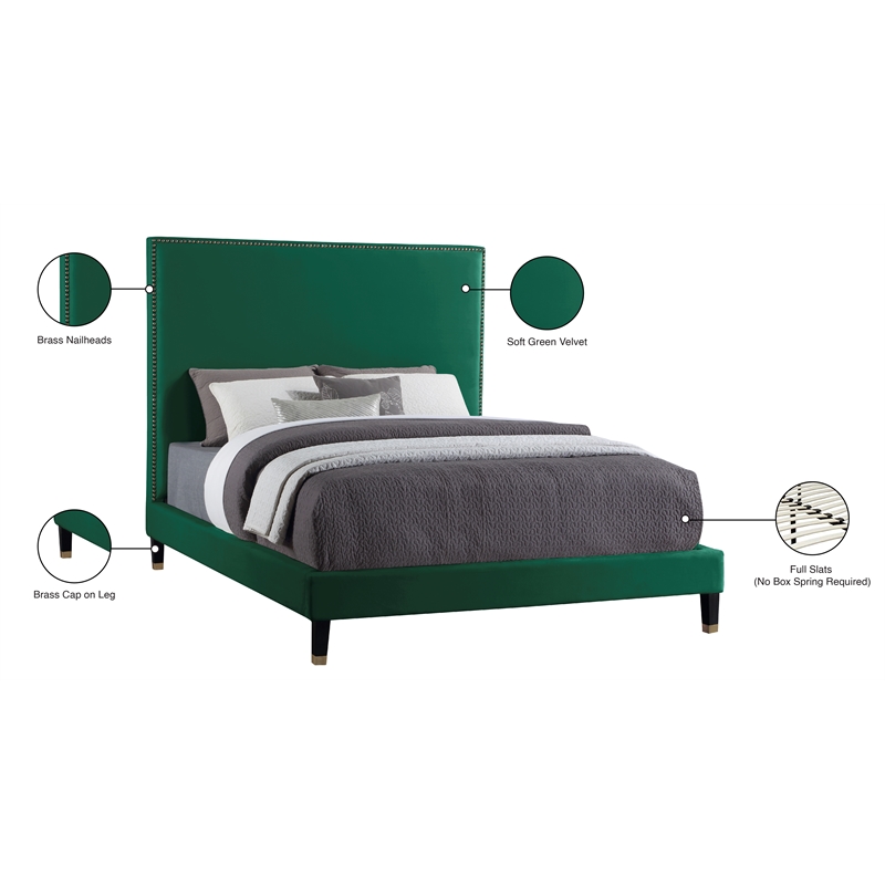 Bowery Hill Contemporary Soft Green Velvet Full Bed with Brass Nailheads