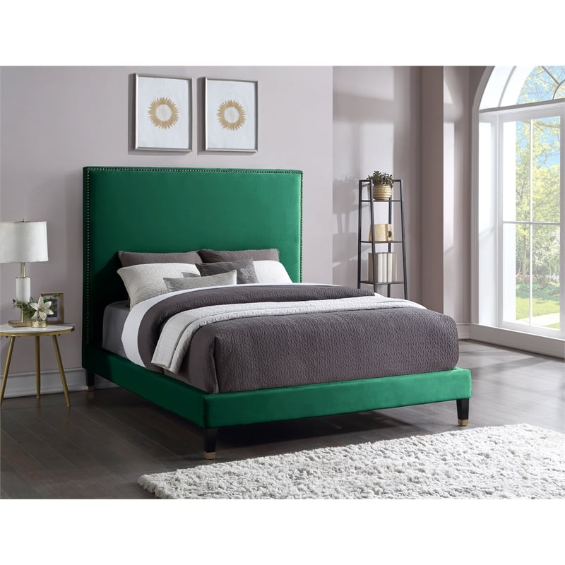 Bowery Hill Contemporary Soft Green Velvet King Bed with Brass Nailheads